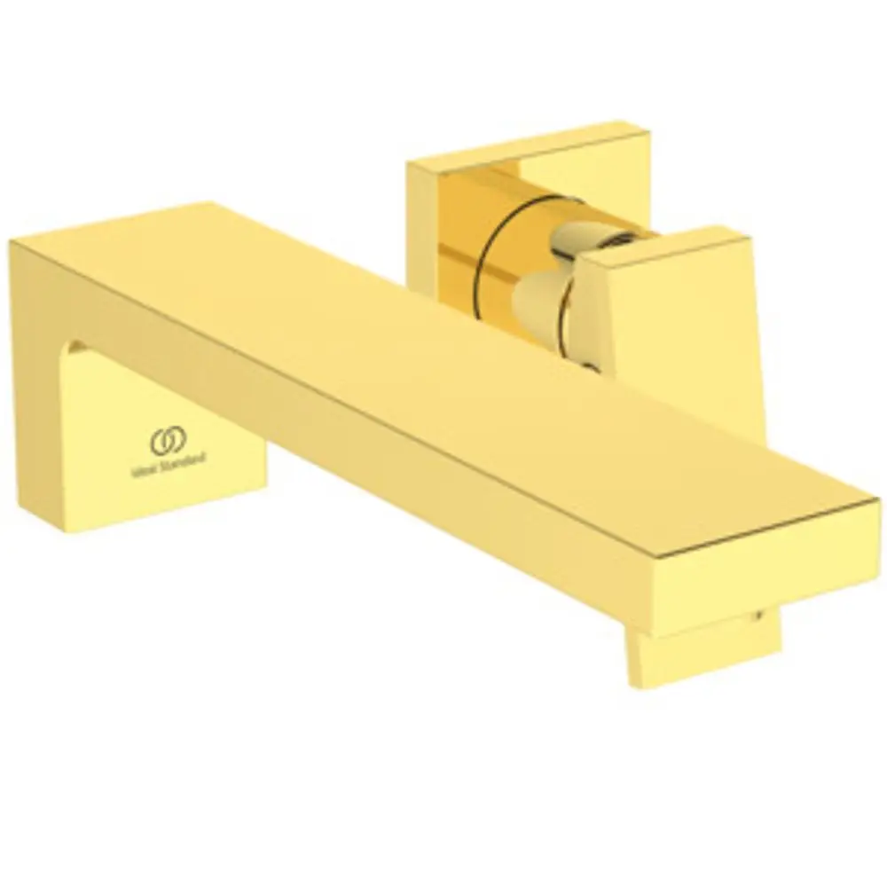 Goldene Wand-Wascharmatur mit flachem Auslauf und einem runden Griff. Logo von Ideal Standard auf der Basis sichtbar. Sicherer und funktionaler Wasserabfluss.